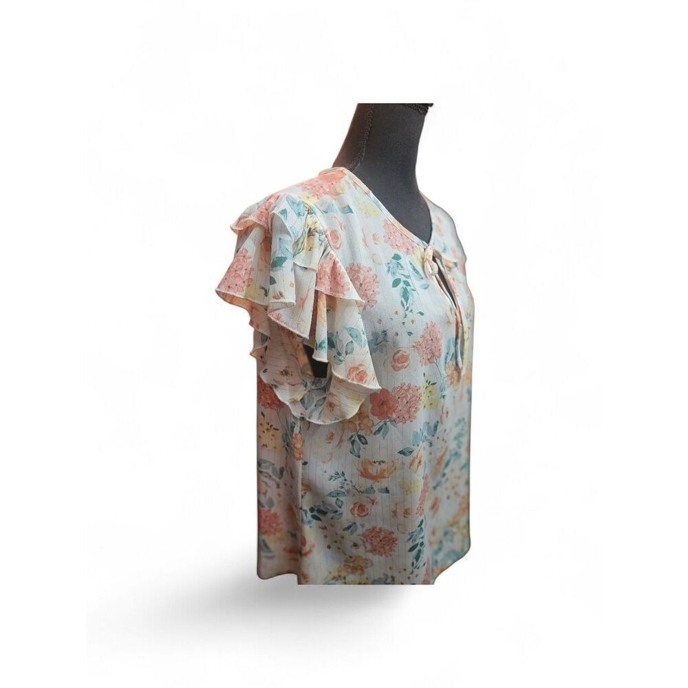 80 Park Pastel Floral V-Neck Ruffle Sleeve Blouse Size XL - Picture 3 of 7